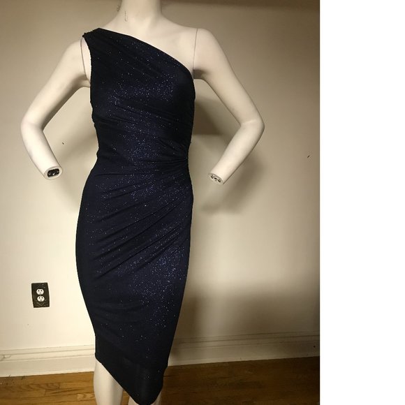Le Chateau Navy Blue stretchy shiny sparkle metallic one shoulder dress NWT - Picture 2 of 8